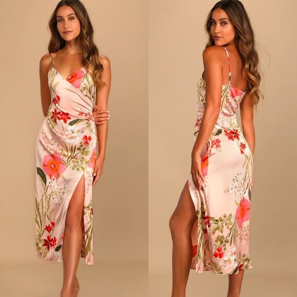 🦋 NWOT LULUS Remarkable Entrance Pink Floral Print Satin Midi Dress Small - Picture 1 of 4